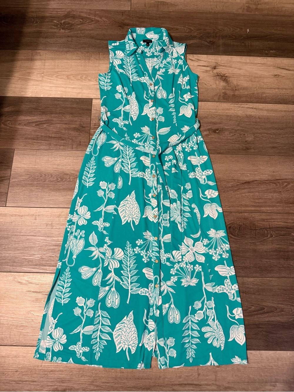 Talbots Teal and White Floral Midi Shirt Dress